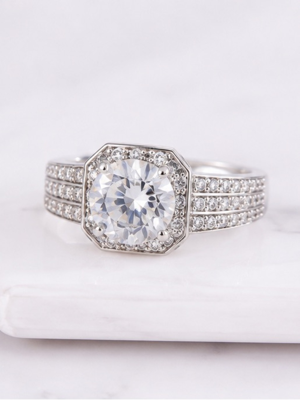Silver-Tone Halo Round Cubic Zirconia Engagement Ring Jewelry